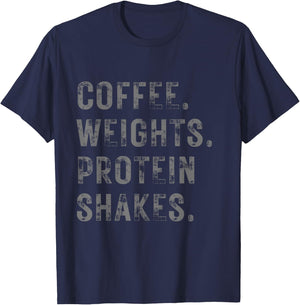 Coffee Weights & Protein Shakes. Funny Novelty Workout Gym T-Shirt - T-Shirt | Navy