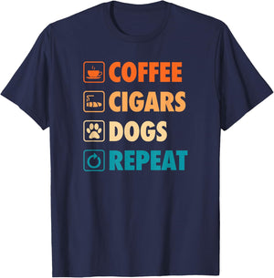 Coffee Cigars Dogs Repeat Life Simple Basic Icons T-Shirt - T-Shirt | Navy
