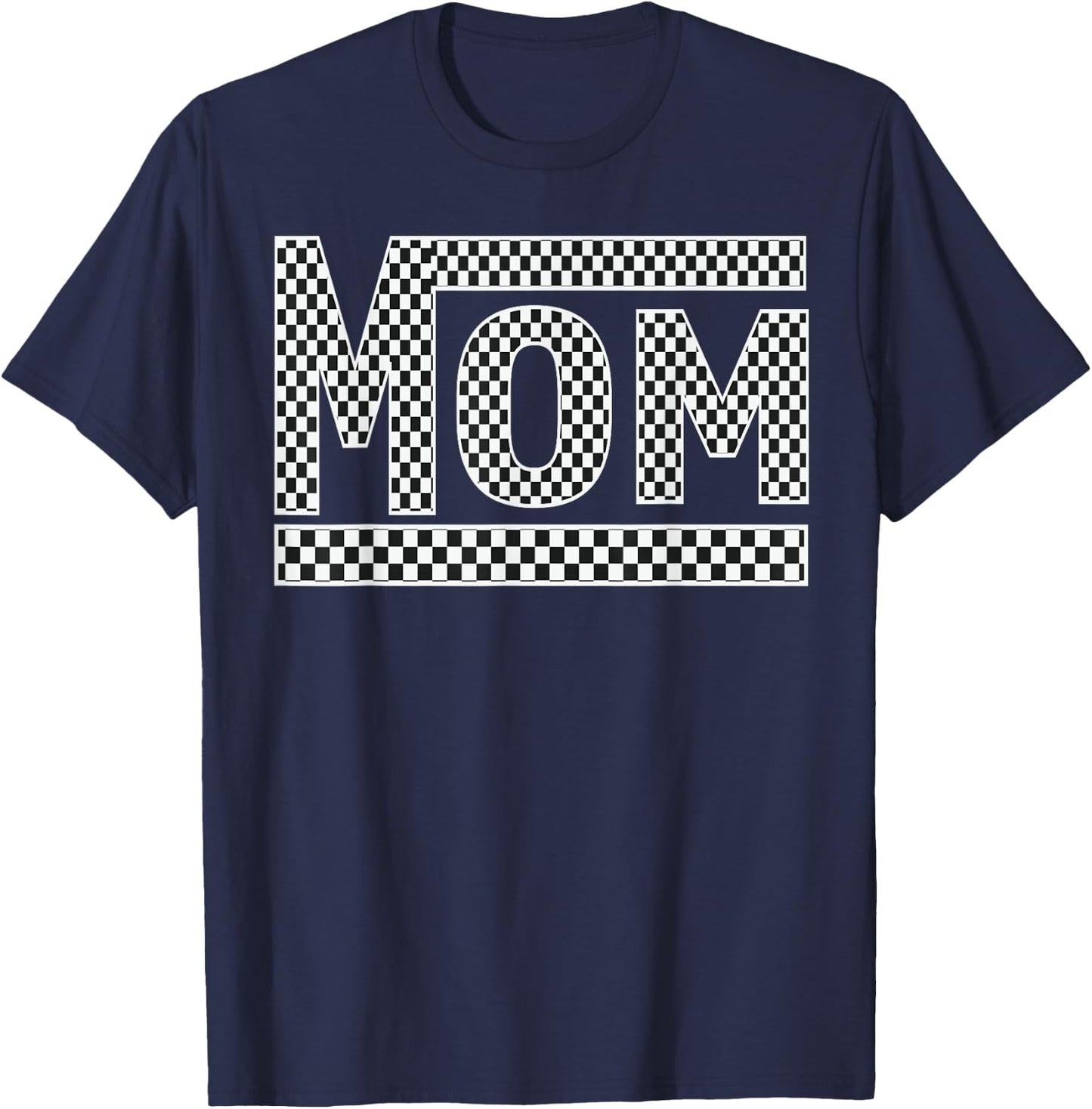 MOM Checkered Mother Mama Women Racing Pit Crew Funny T-Shirt - T-Shirt | Navy