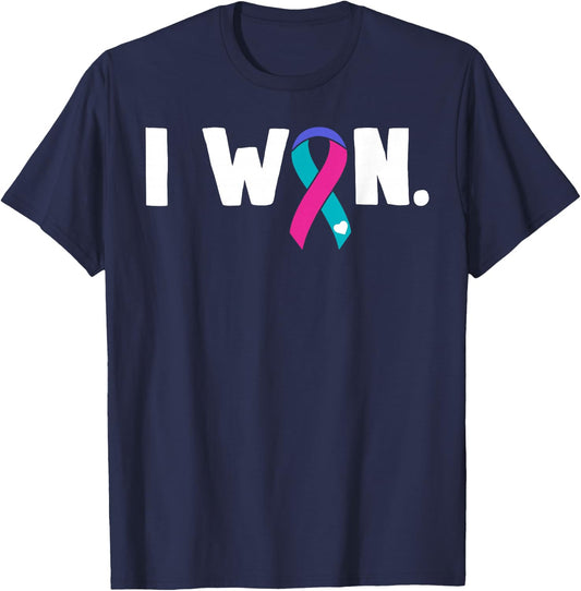 I Won Thyroid Cancer Cancer Survivor Blue Pink Teal Ribbon T-Shirt - T-Shirt | Navy