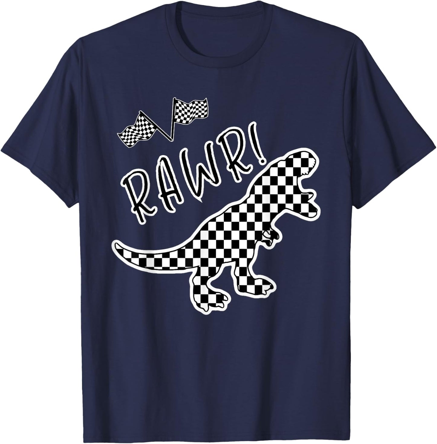 Checkered T-rex Dinosaur Race Car Gamer Boys Girls Toddler T-Shirt - T-Shirt | Navy