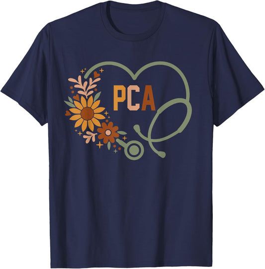 Floral Stethoscope Heart Nursing PCA Patient Care Assistant T-Shirt - T-Shirt | Navy