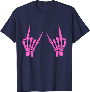 Skeleton Hand Horns Rock On Heavy Metal Women Back The Pink T-Shirt - T-Shirt | Navy