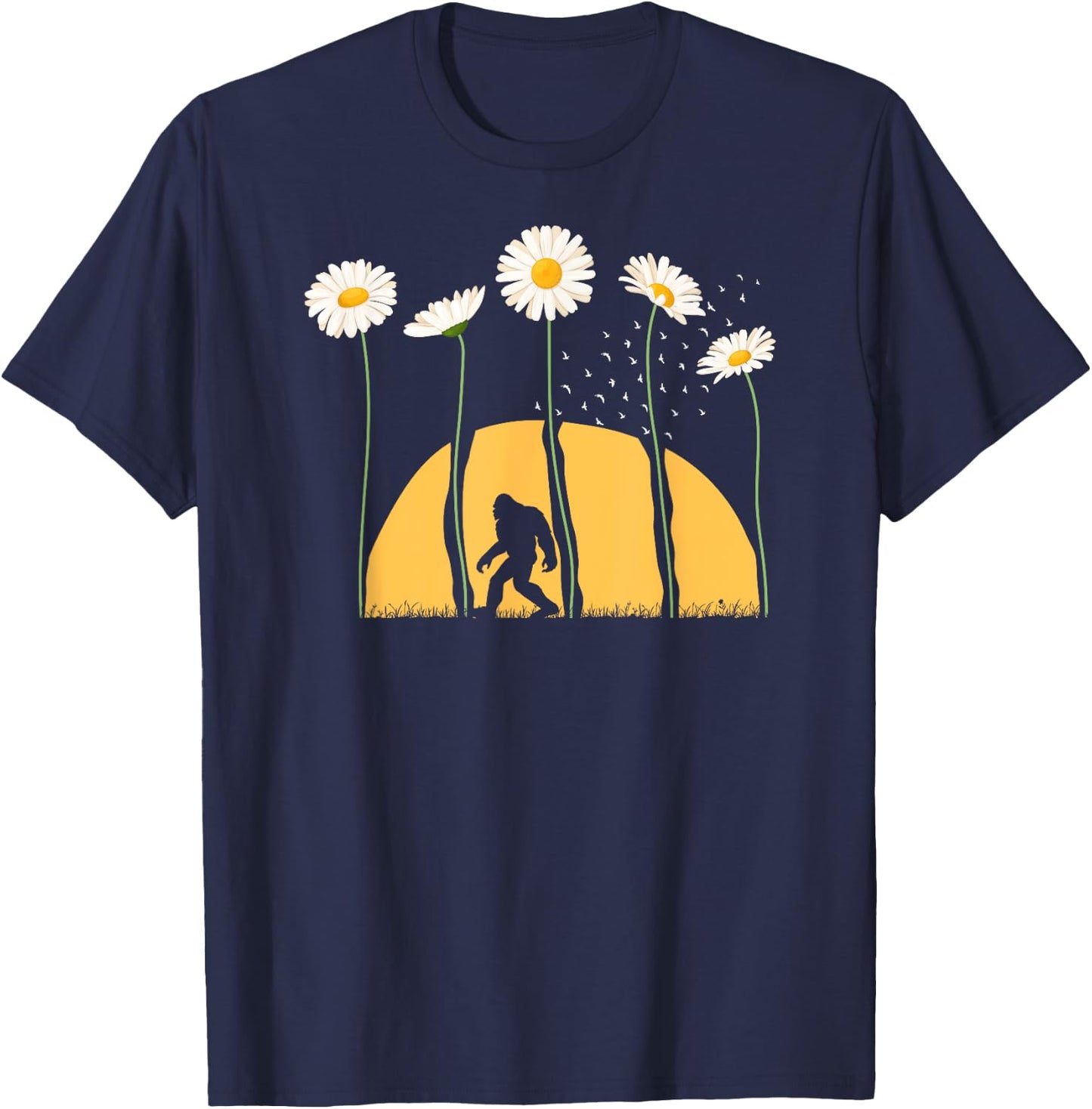 Sasquatch Spring Sunset Towering Daisy Flowers Bigfoot T-Shirt - T-Shirt | Navy