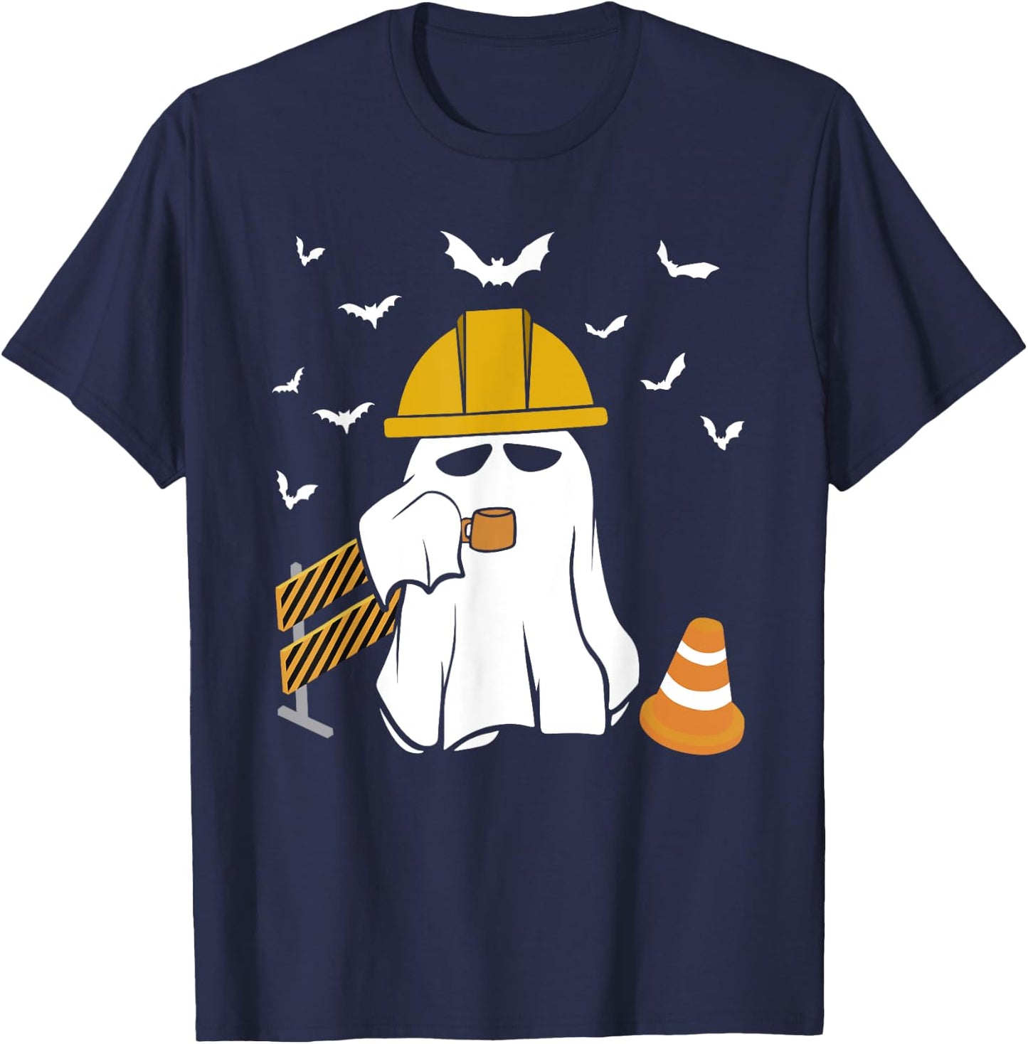 Funny Ghost Drink Coffee Halloween Construction Worker T-Shirt - T-Shirt | Navy