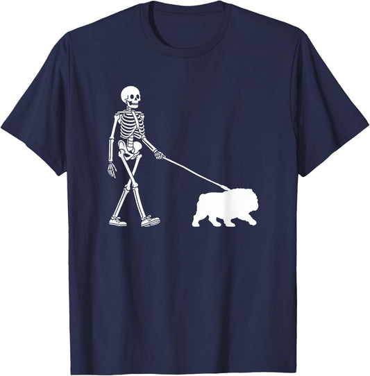 Skeleton Walking a Dog English Bulldog Halloween Outfit T-Shirt - T-Shirt | Navy