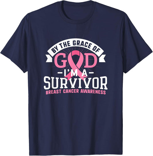 Breast Cancer Survivor Shirt Support Pink Ribbon Grace God T-Shirt - T-Shirt | Navy