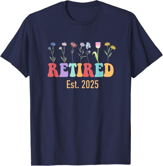 Retired Est 2025 Groovy Retired Teacher Funny Retirement T-Shirt - T-Shirt | Navy