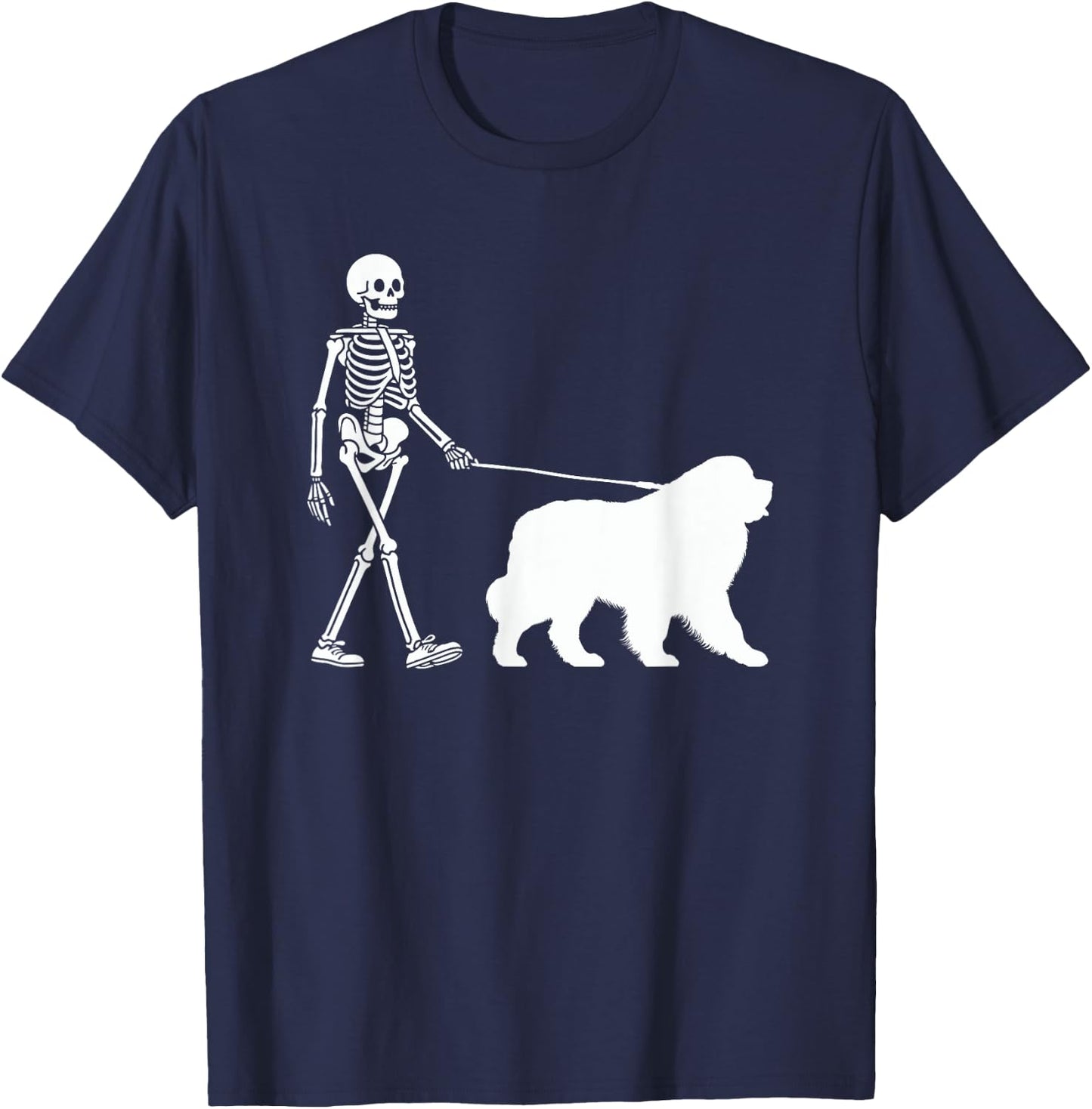 Skeleton Walking a Newfoundland Dog Halloween Outfit Men Women Kids T-Shirt - T-Shirt | Navy