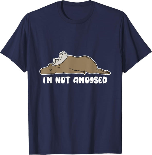 Puns of Fun Wildlife I'm Not Amoosed Lazy Moose -Adults Black Cartoon Humorous Casual Short Sleeve T-Shirt - T-Shirt | Navy