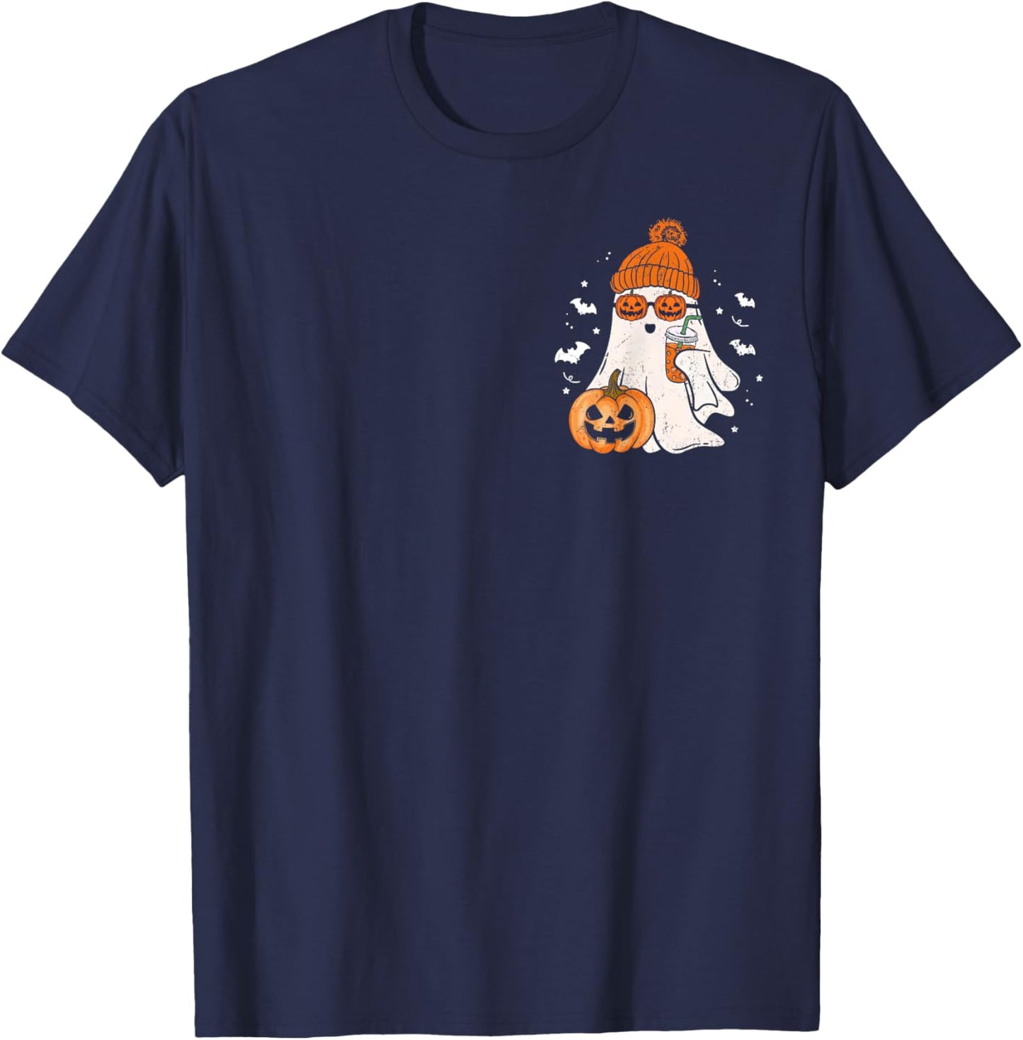 Cute Ghost Drinking Ice Coffee Funny Halloween Pumpkin Spice T-Shirt - T-Shirt | Navy