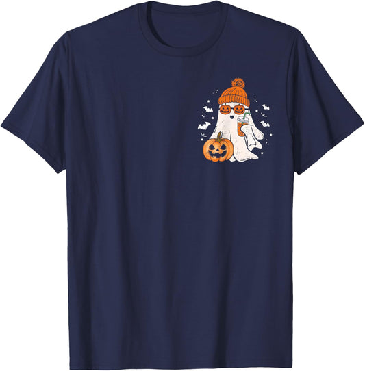 Cute Ghost Drinking Ice Coffee Funny Halloween Pumpkin Spice T-Shirt - T-Shirt | Navy