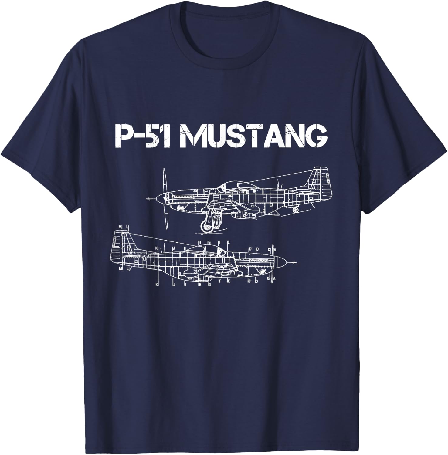 North American P-51 Mustang WW2 Fighter Blueprint T-Shirt - T-Shirt | Navy