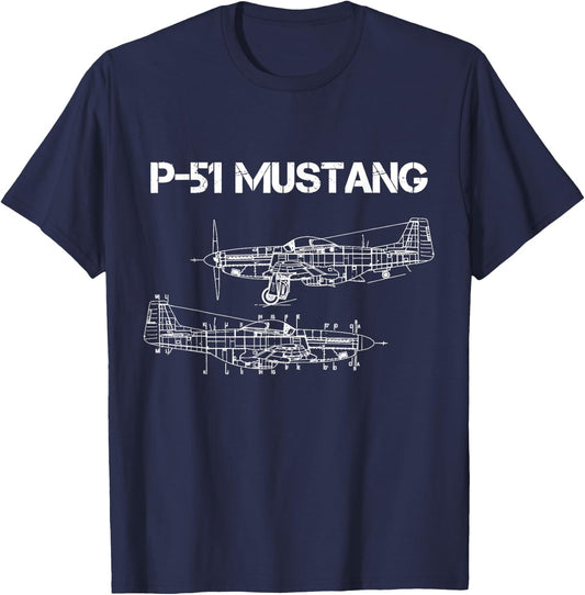 North American P-51 Mustang WW2 Fighter Blueprint T-Shirt - T-Shirt | Navy