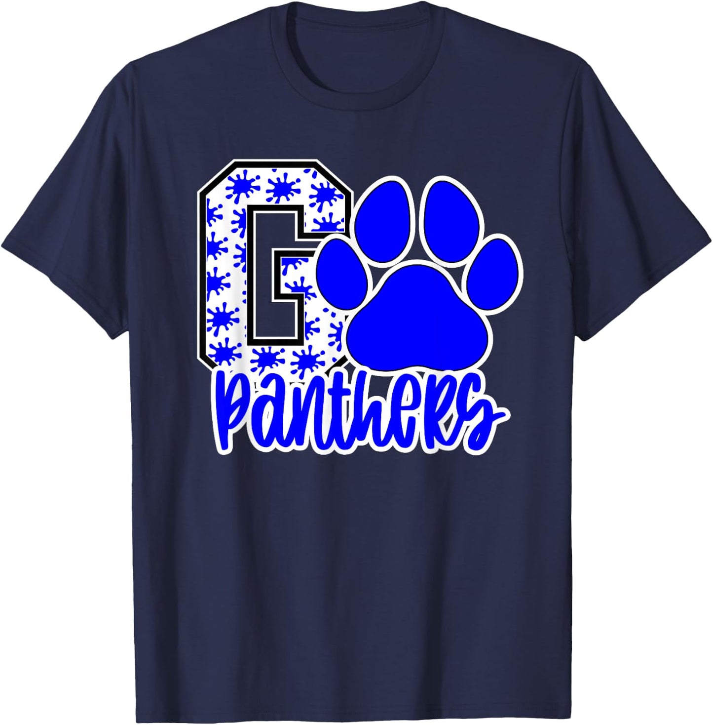Go Panthers Splatter Blue White Panther Pride School Spirit T-Shirt - T-Shirt | Navy