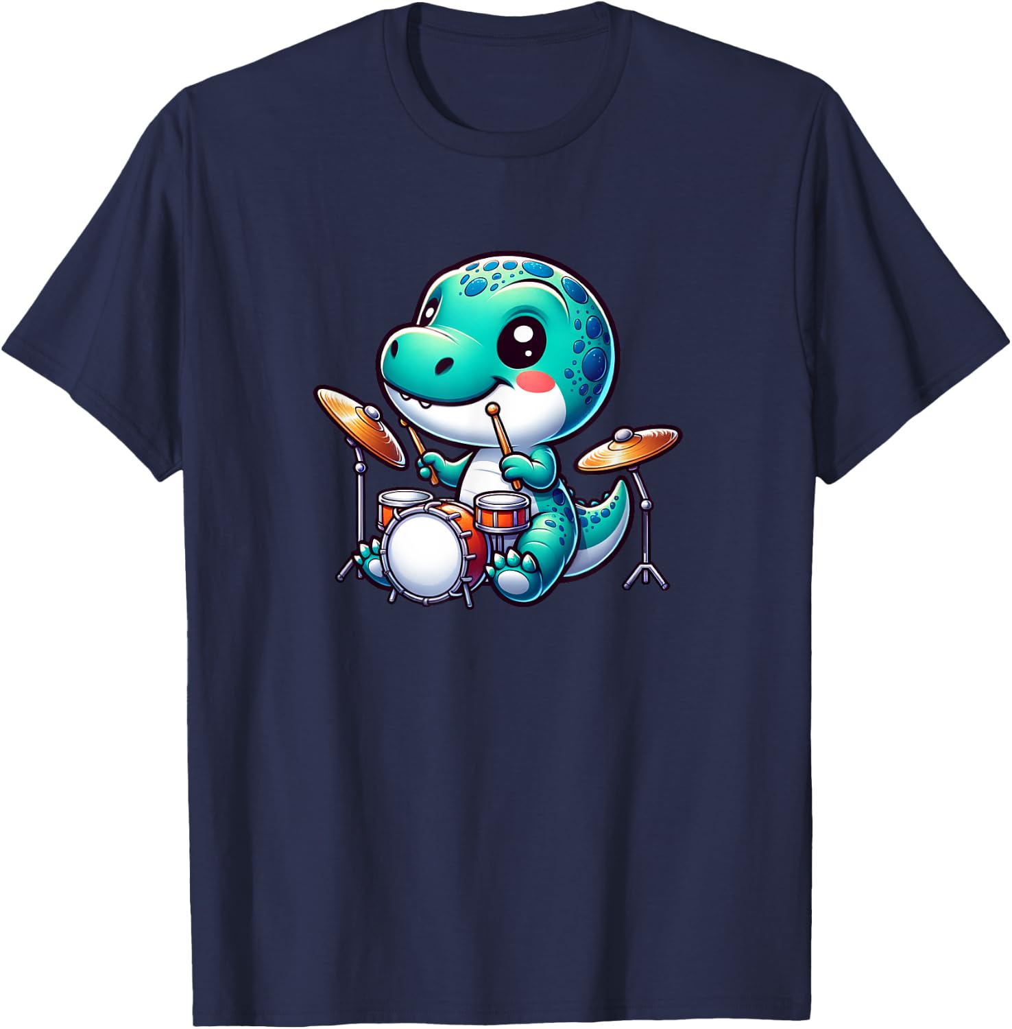 Cool Dinosaur Drummer Cute Animal Music Design T-Shirt - T-Shirt | Navy