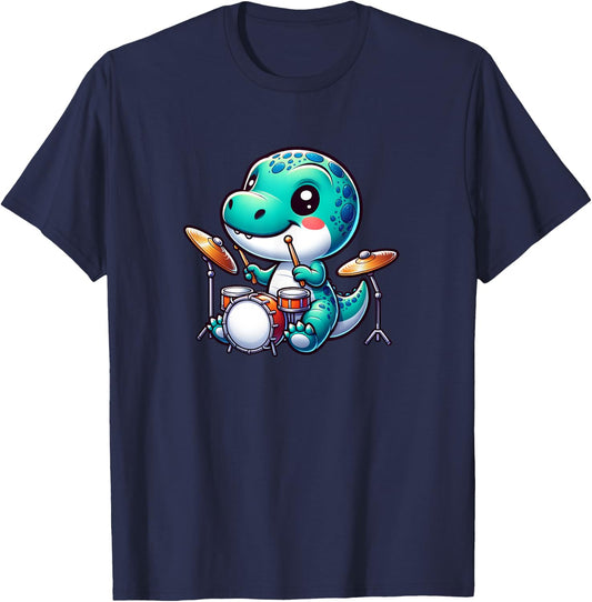 Cool Dinosaur Drummer Cute Animal Music Design T-Shirt - T-Shirt | Navy