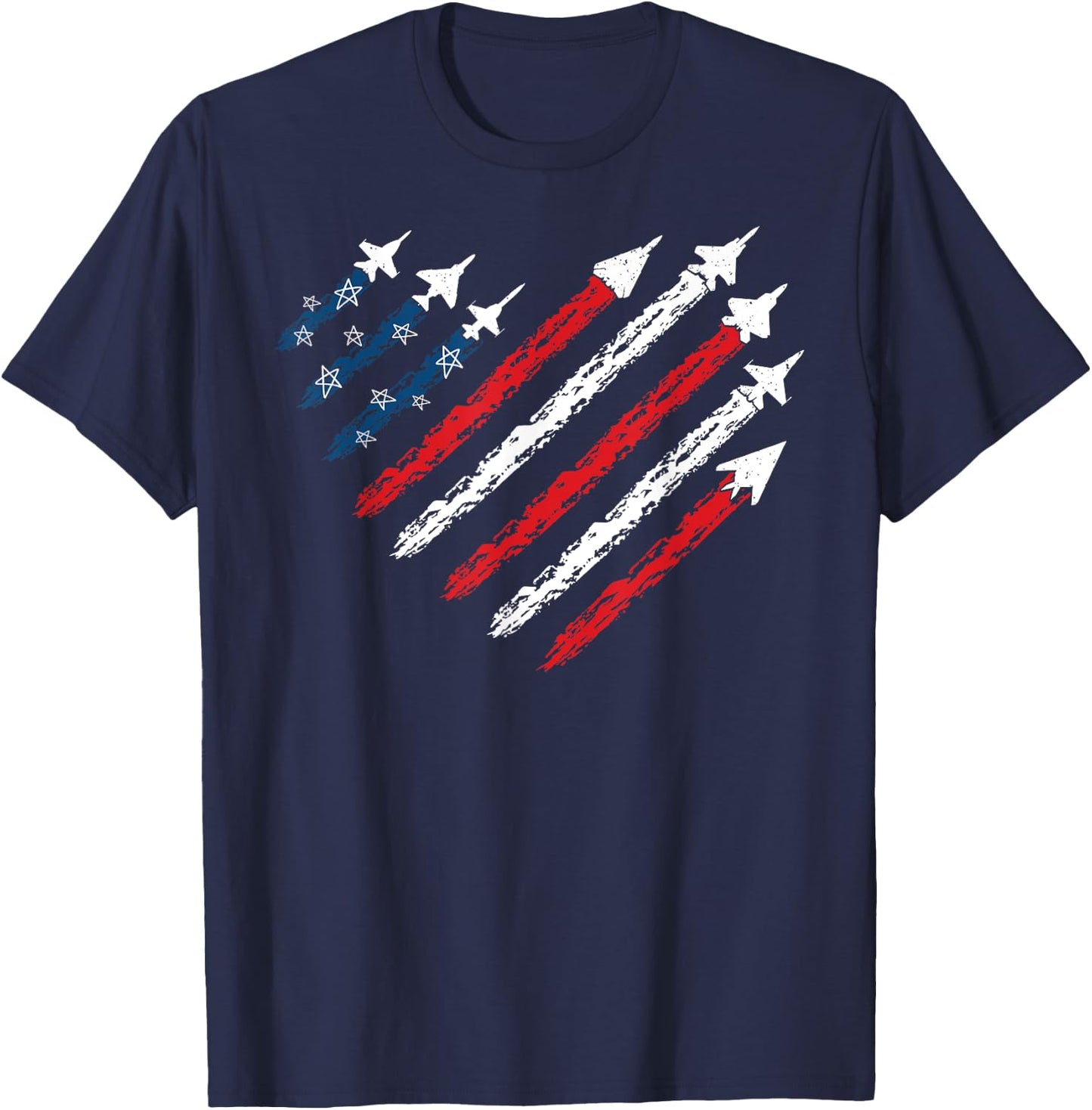 Retro Fighter Jet Airplane American Flag Heart 4th Of July T-Shirt - T-Shirt | Navy