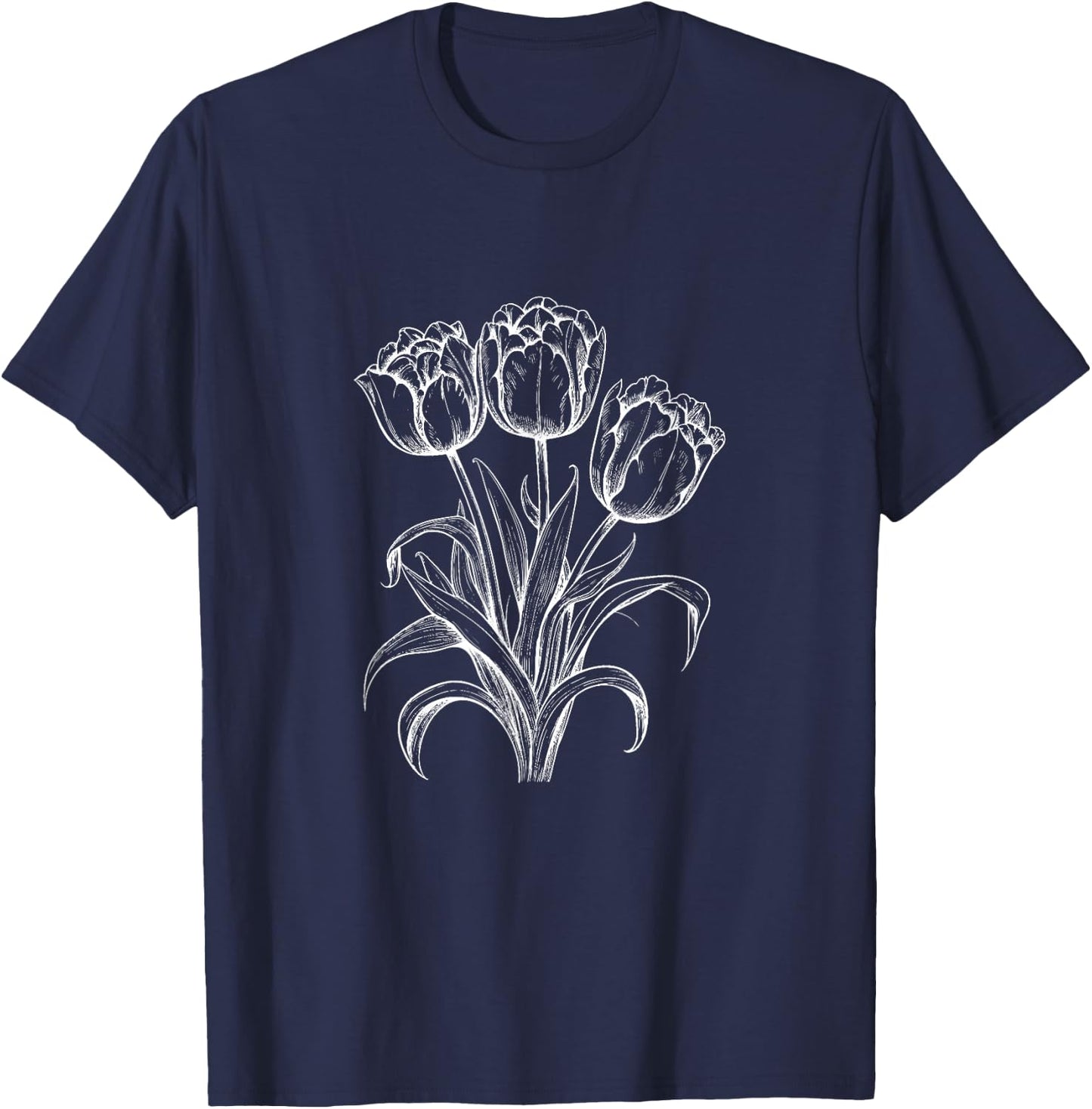 Tulips Lover On Black And White Tulip Flower Simple Arts T-Shirt - T-Shirt | Navy