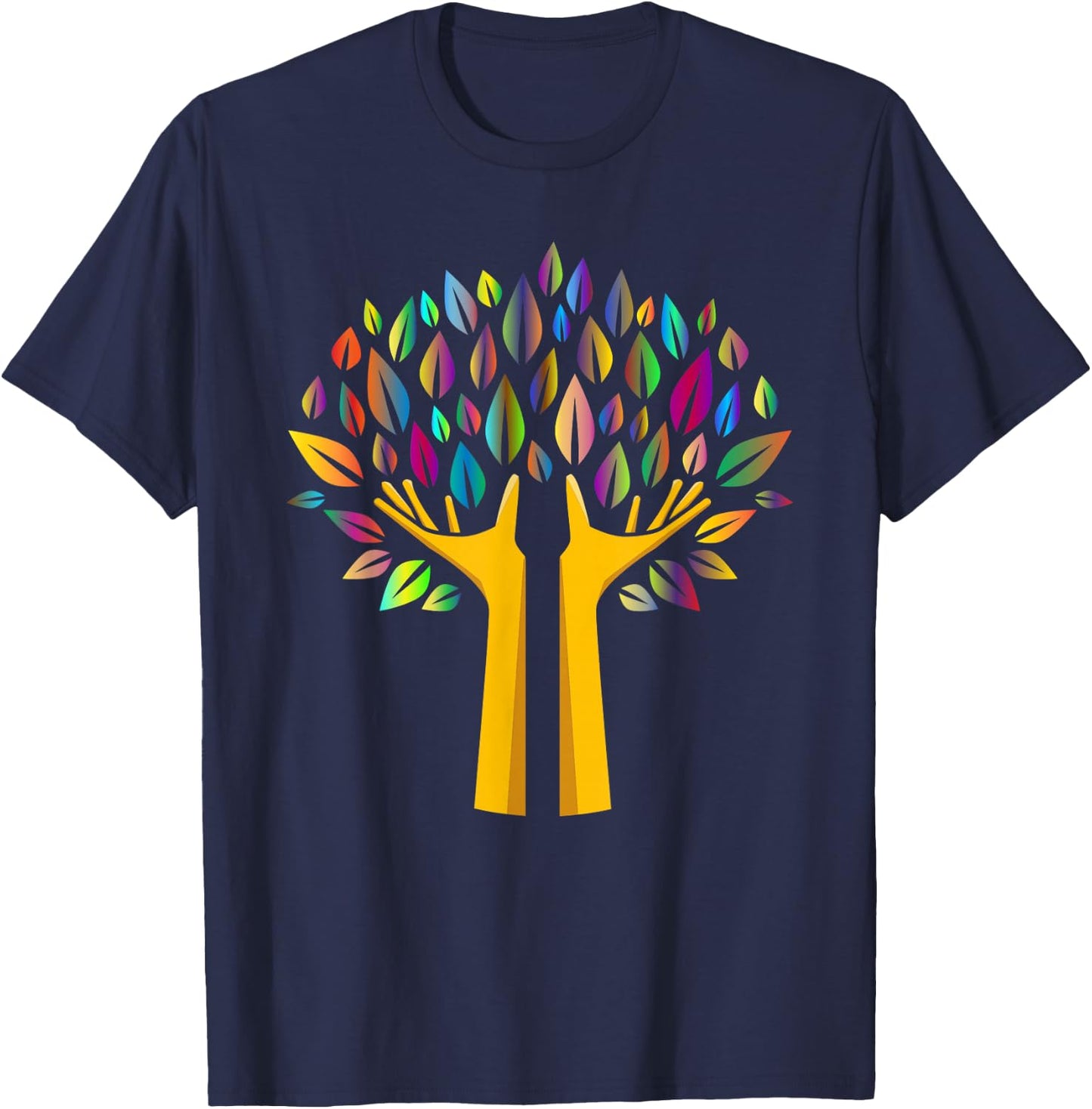 Ecology Tree in Hands with Rainbow Leaves T-Shirt - T-Shirt | Navy