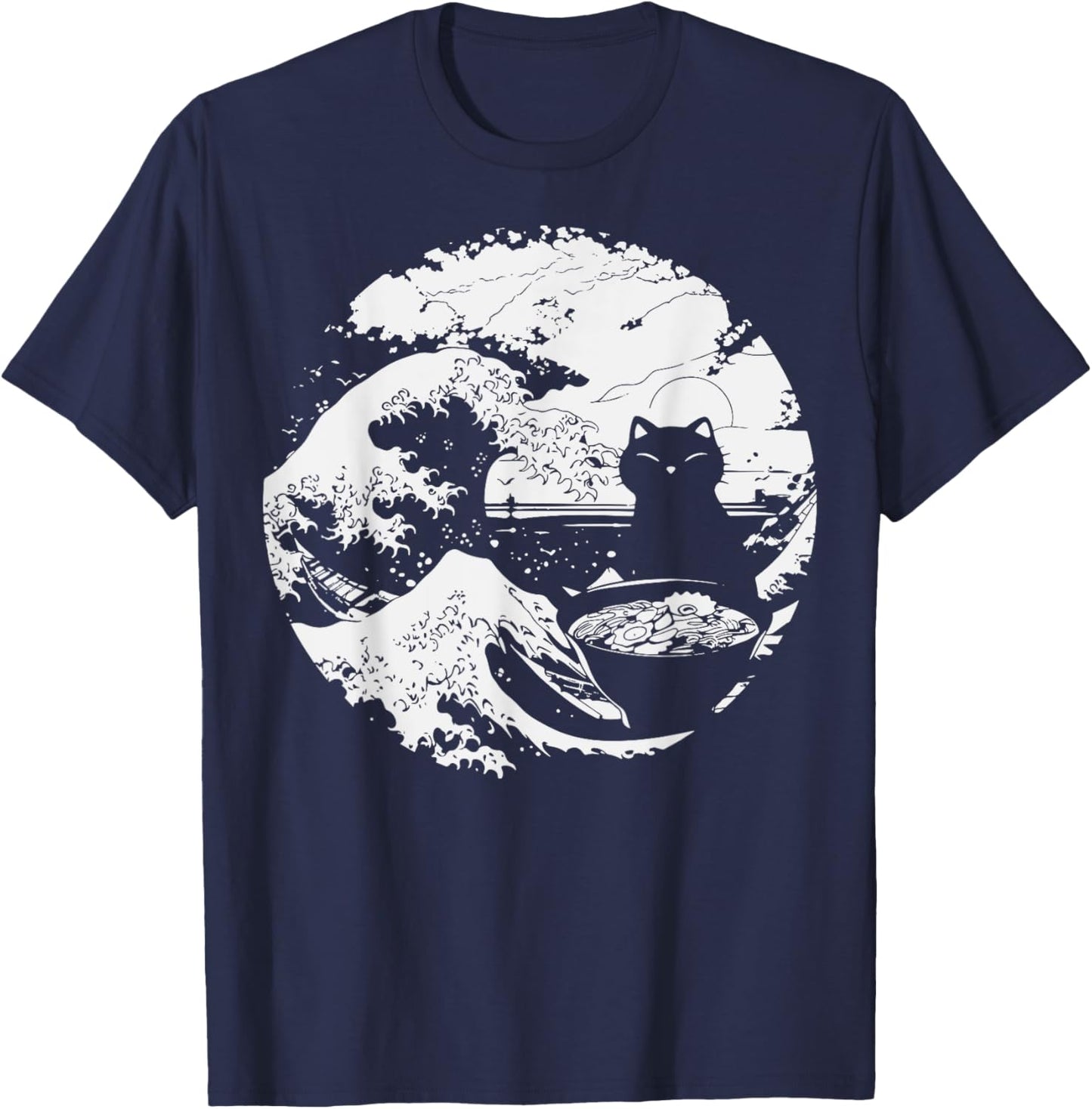 Anime Cat Eating Ramen Japanese Ramen Cat Japan T-Shirt - T-Shirt | Navy