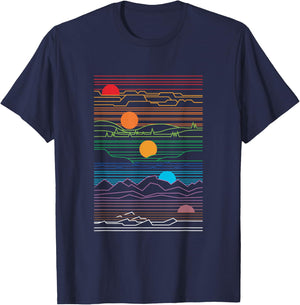 Sun and moon design with trees and mountains T-Shirt - T-Shirt | Navy