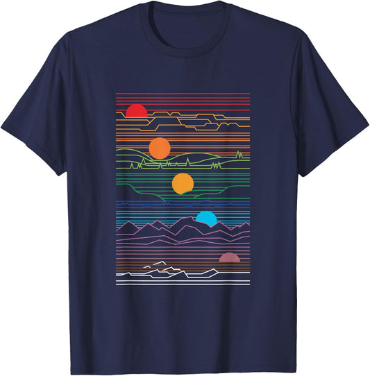 Sun and moon design with trees and mountains T-Shirt - T-Shirt | Navy
