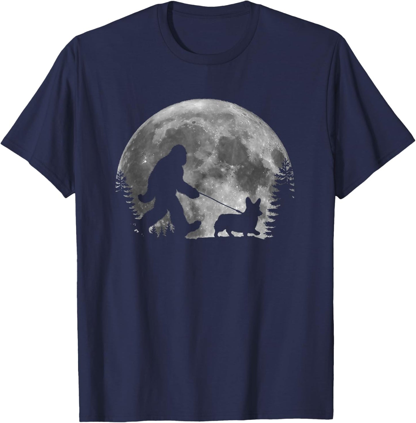 Bigfoot Walking a Dog Funny Corgi Lovers Moon Halloween T-Shirt - T-Shirt | Navy