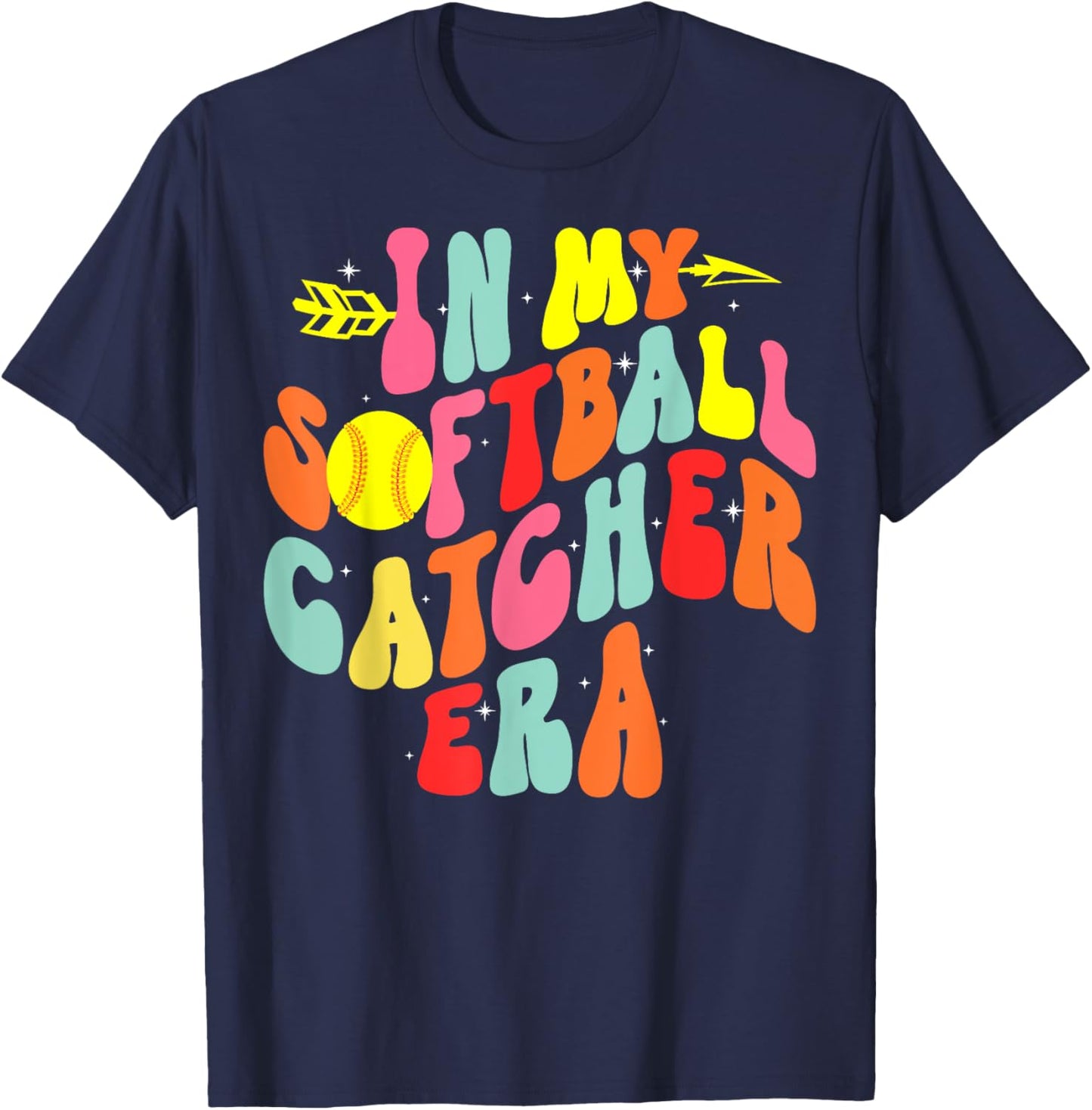 In My Softball Catcher Era Groovy Softball Player Game Day T-Shirt - T-Shirt | Navy