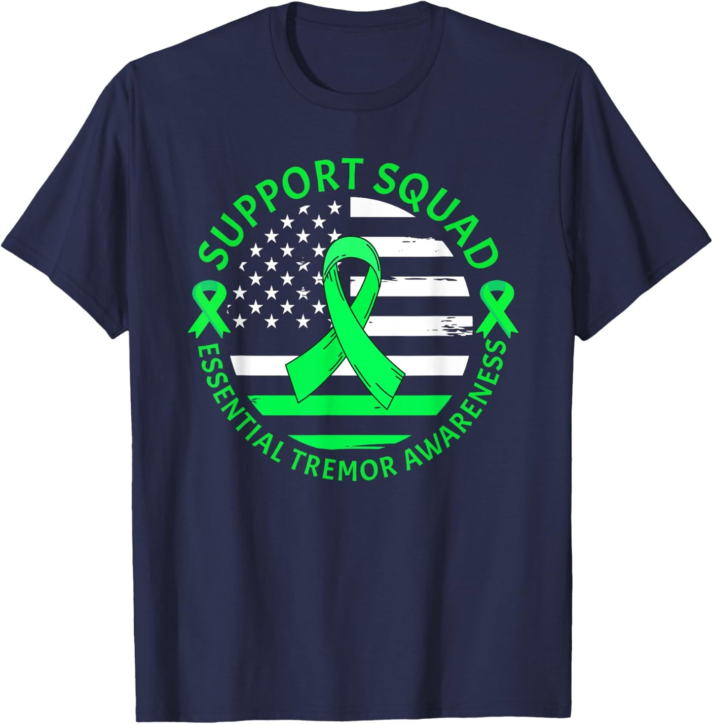 Essential Tremor Support Squad Warrior Green Ribbon USA Flag T-Shirt - T-Shirt | Navy