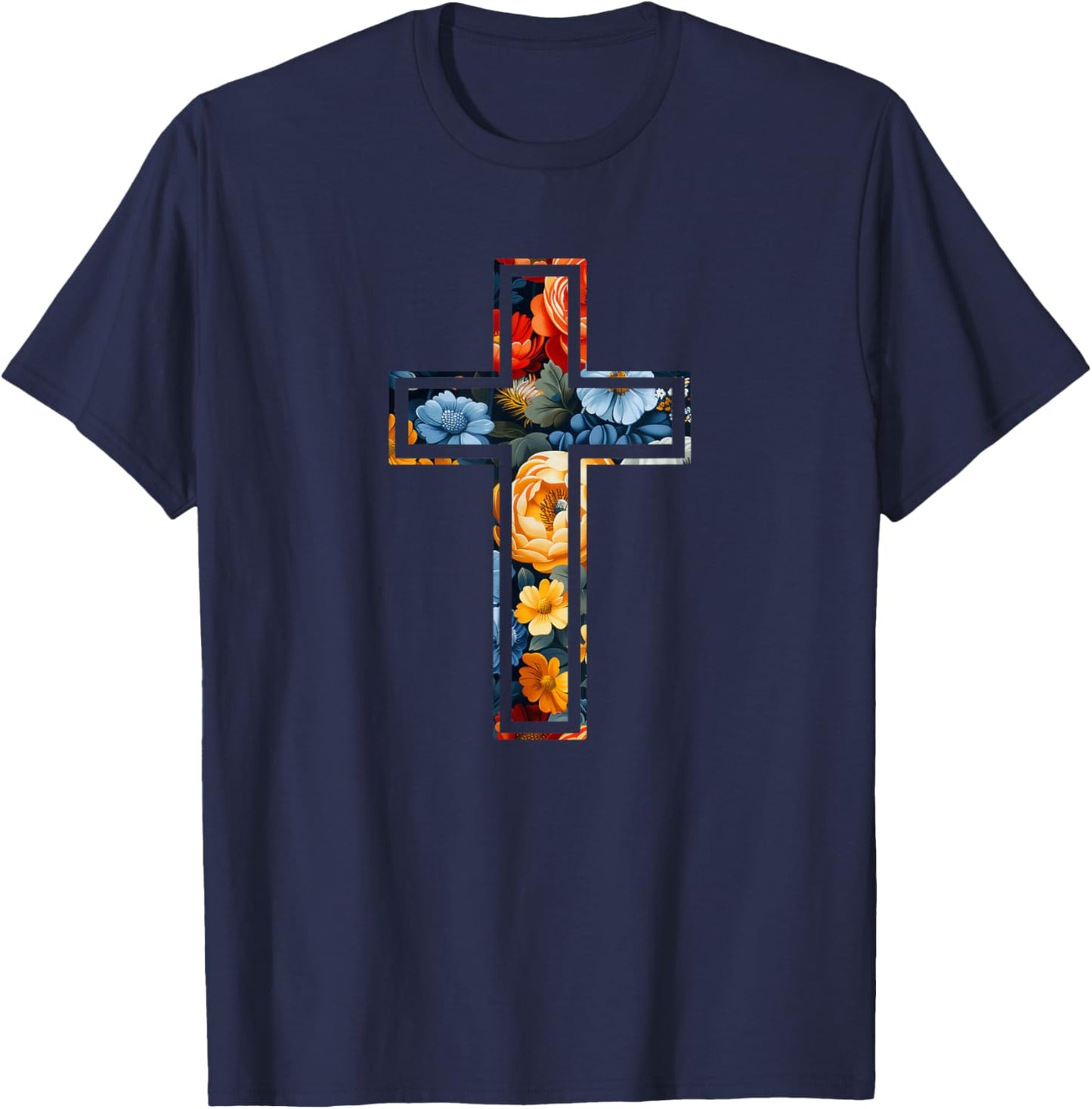 Elegant Silhouette Flowers Faith Floral Christian Cross T-Shirt - T-Shirt | Navy
