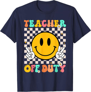 Teacher Off Duty Smile Face Retro Groovy Last Day Of School T-Shirt - T-Shirt | Navy