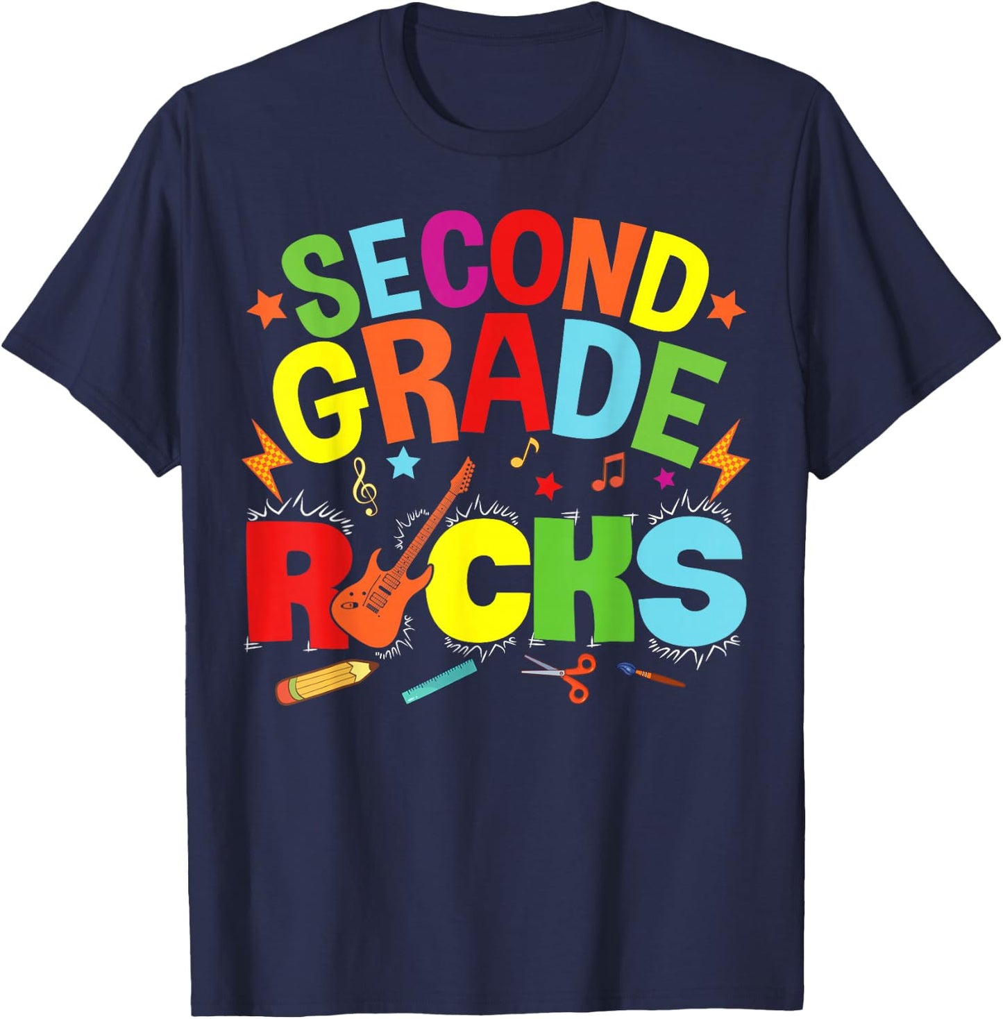 Hello 2nd Grade Rocks Teacher Team Vibes Rockstar T-Shirt - T-Shirt | Navy
