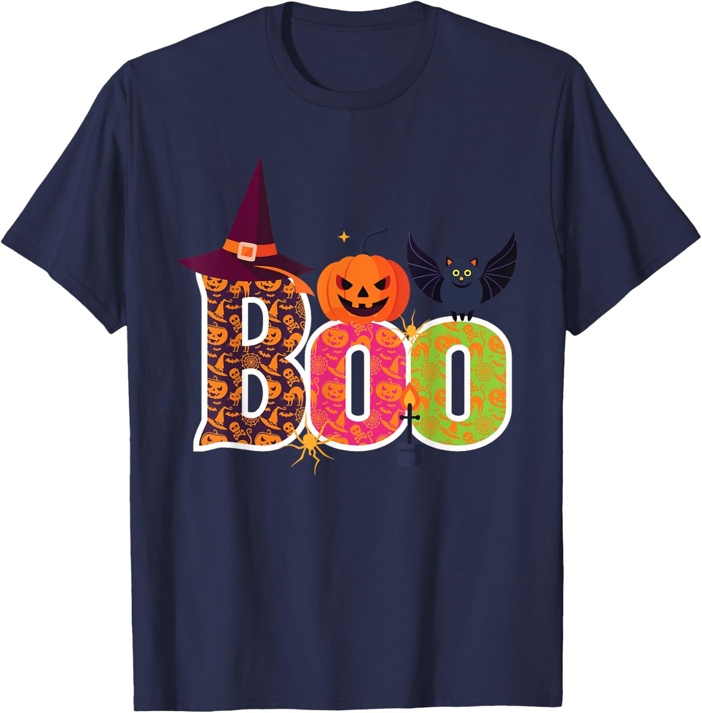 Haunted BOO Halloween Witch Pumpkin Bat Adults Kids T-Shirt - T-Shirt | Navy