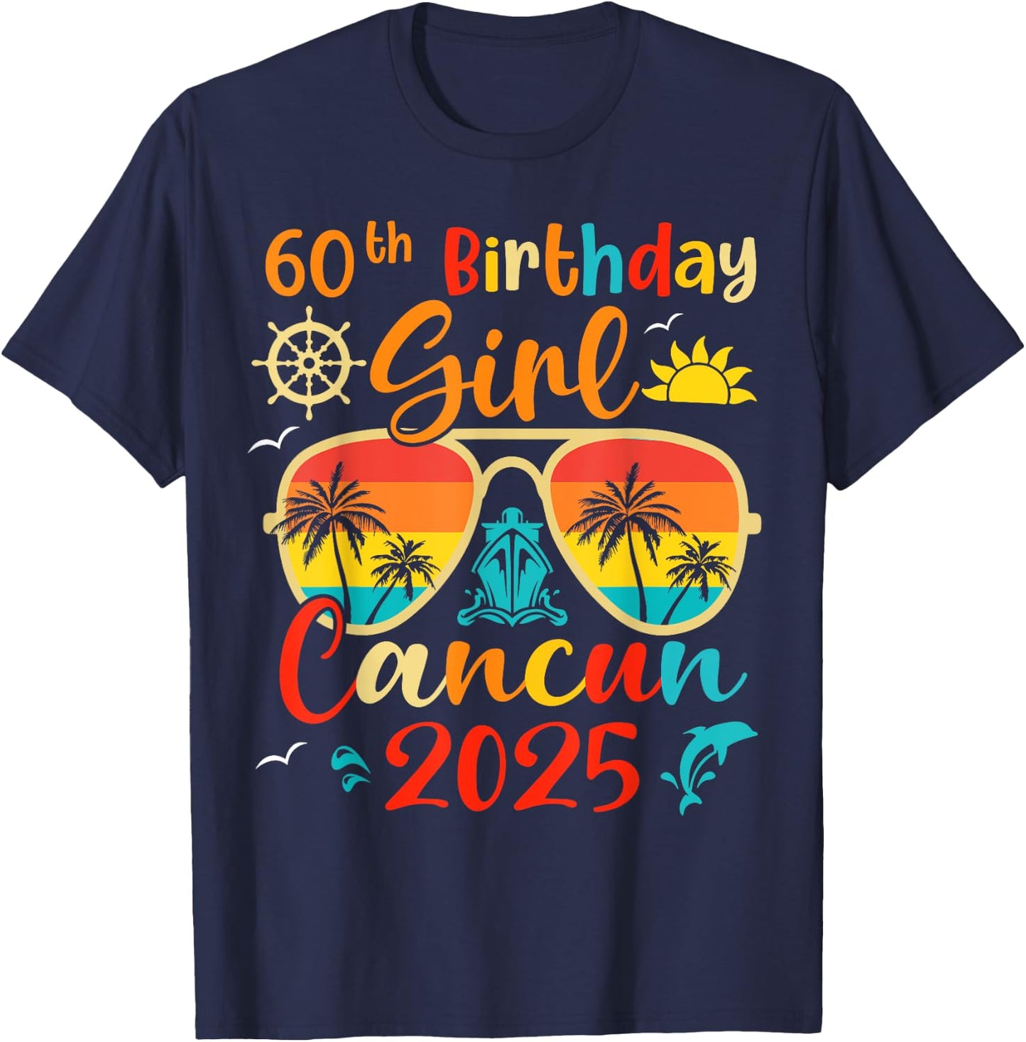 Vintage 60th Birthday Girls Cancun 2025 Beach Vacation Trip T-Shirt - T-Shirt | Navy