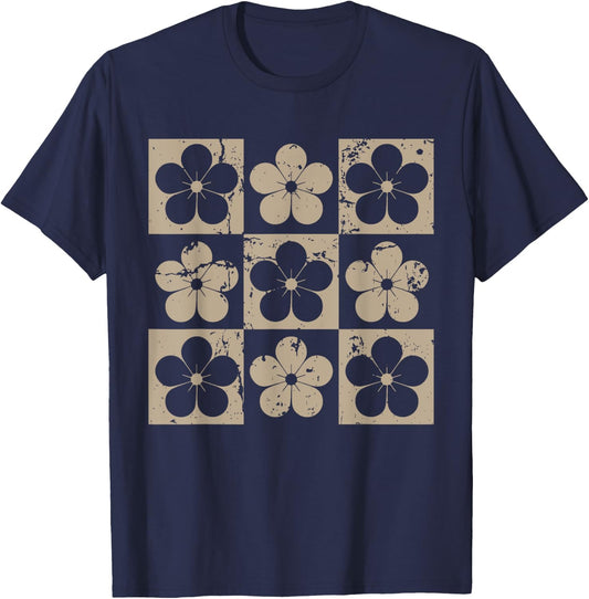 Vintage Flowers Boho Cottagecore Checkered Flowers Graphic T-Shirt - T-Shirt | Navy