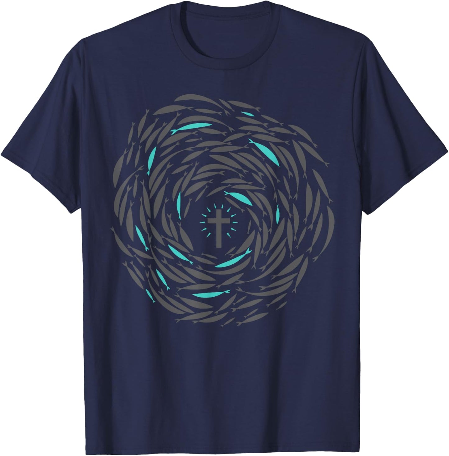 Christian Fish Swim With Cross Jesus Religious Apparel T-Shirt - T-Shirt | Navy