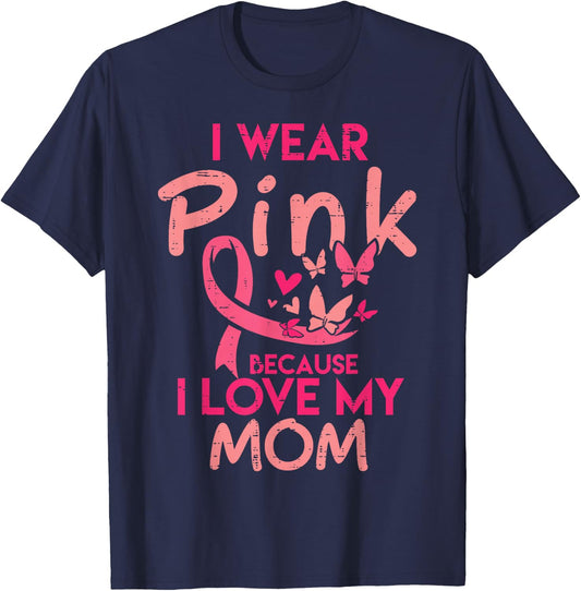 I Wear Pink I Love My Mom Kids Breast Cancer Awareness Boys T-Shirt - T-Shirt | Navy