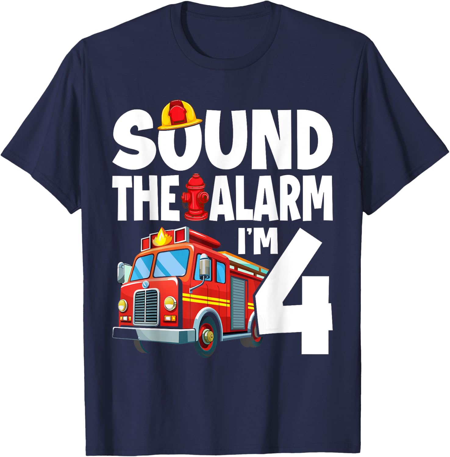 Fire Truck 4th Birthday Boy Firefighter 4 Year Old T-Shirt - T-Shirt | Navy