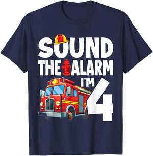 Fire Truck 4th Birthday Boy Firefighter 4 Year Old T-Shirt - T-Shirt | Navy