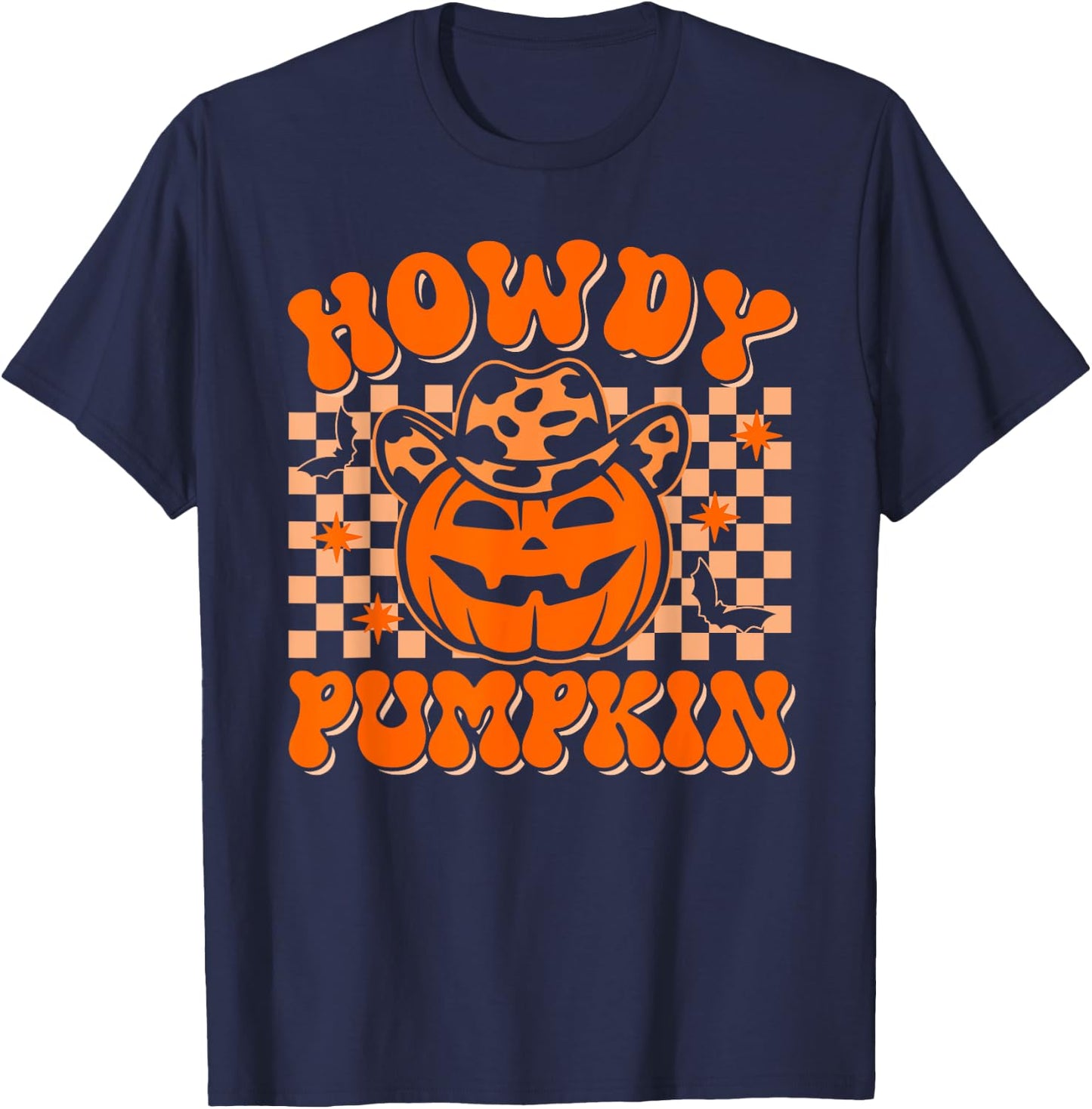 Howdy Pumpkin Groovy Western Halloween Vintage Rodeo Cowgirl T-Shirt - T-Shirt | Navy