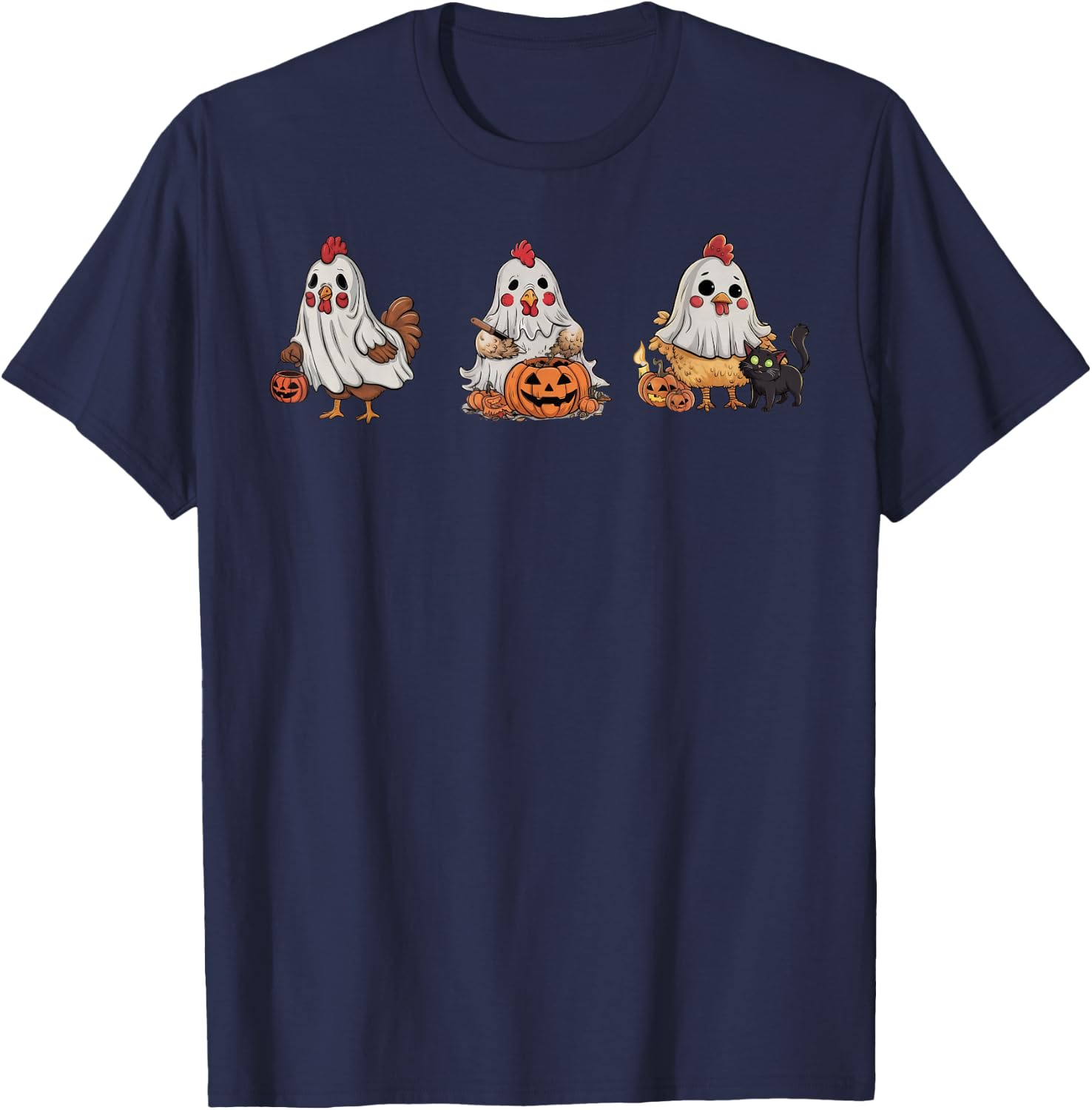Chickens In Ghost Costume Pumpkin Black Cat Halloween Women Kids T-Shirt - T-Shirt | Navy