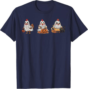 Chickens In Ghost Costume Pumpkin Black Cat Halloween Women Kids T-Shirt - T-Shirt | Navy