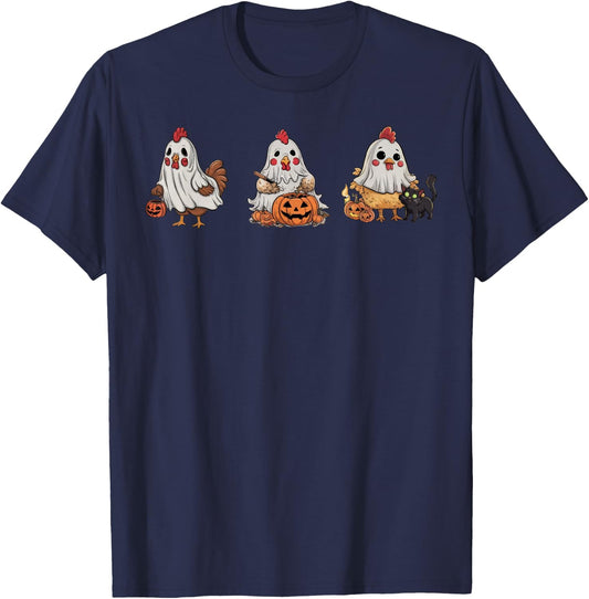 Chickens In Ghost Costume Pumpkin Black Cat Halloween Women Kids T-Shirt - T-Shirt | Navy