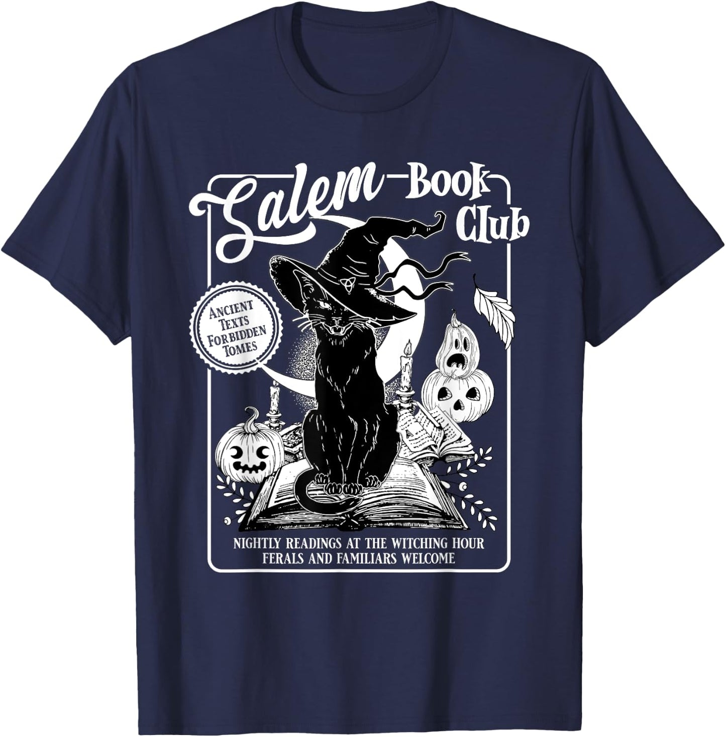 Salem Witch Book Club Bookish Retro Halloween Black Cat Men Women Kids T-Shirt - T-Shirt | Navy