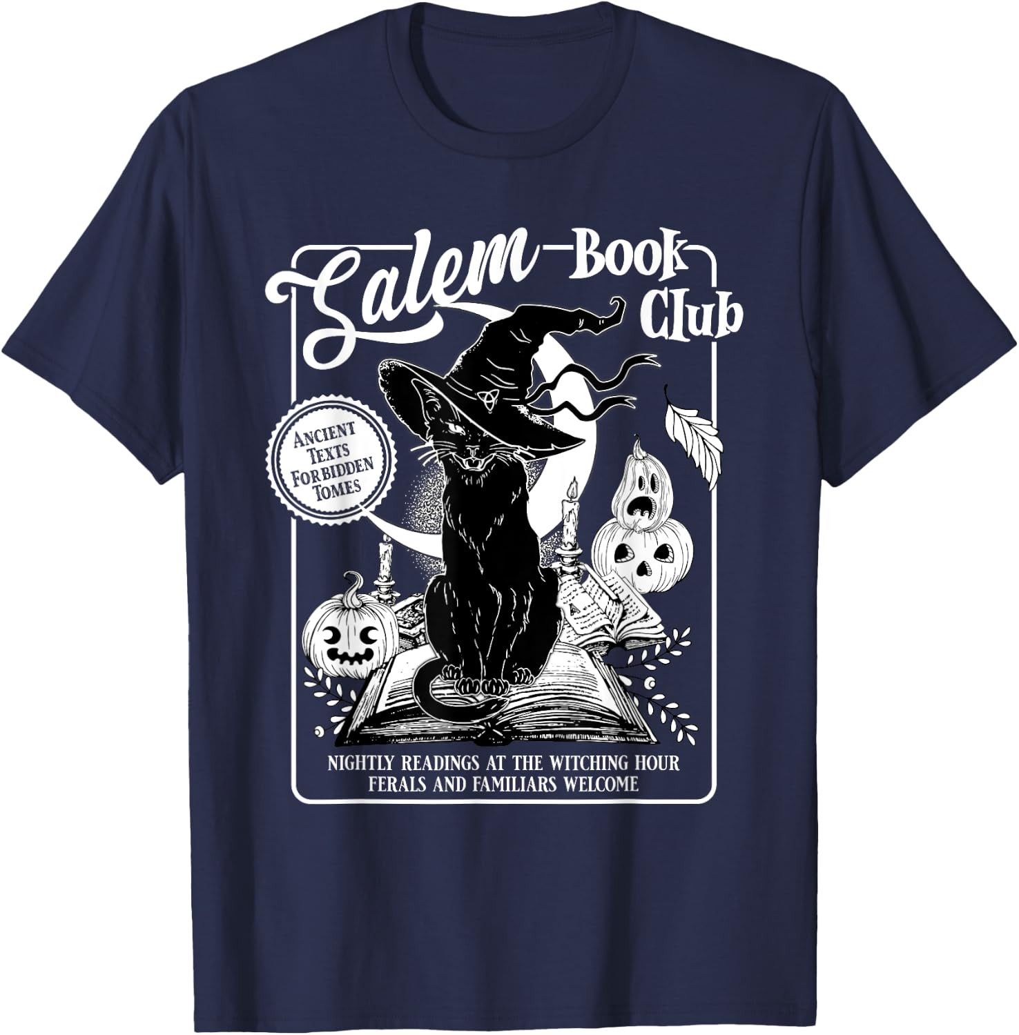 Salem Witch Book Club Bookish Retro Halloween Black Cat Men Women Kids T-Shirt - T-Shirt | Navy