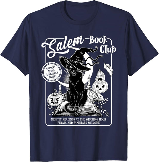 Salem Witch Book Club Bookish Retro Halloween Black Cat Men Women Kids T-Shirt - T-Shirt | Navy