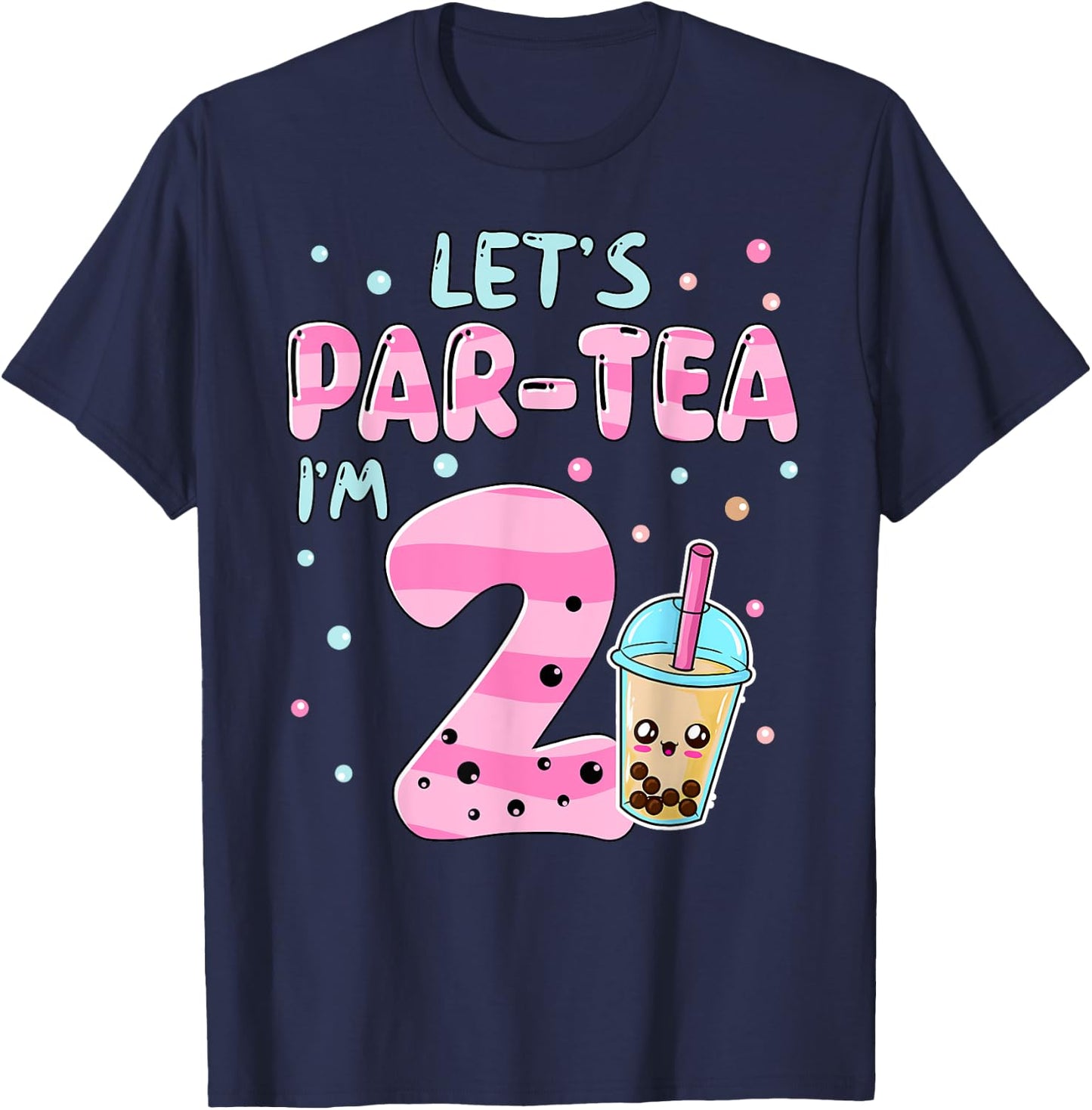 Let's Par-tea I'm 2 Years Old 2nd Birthday Bubble Boba Tea T-Shirt - T-Shirt | Navy