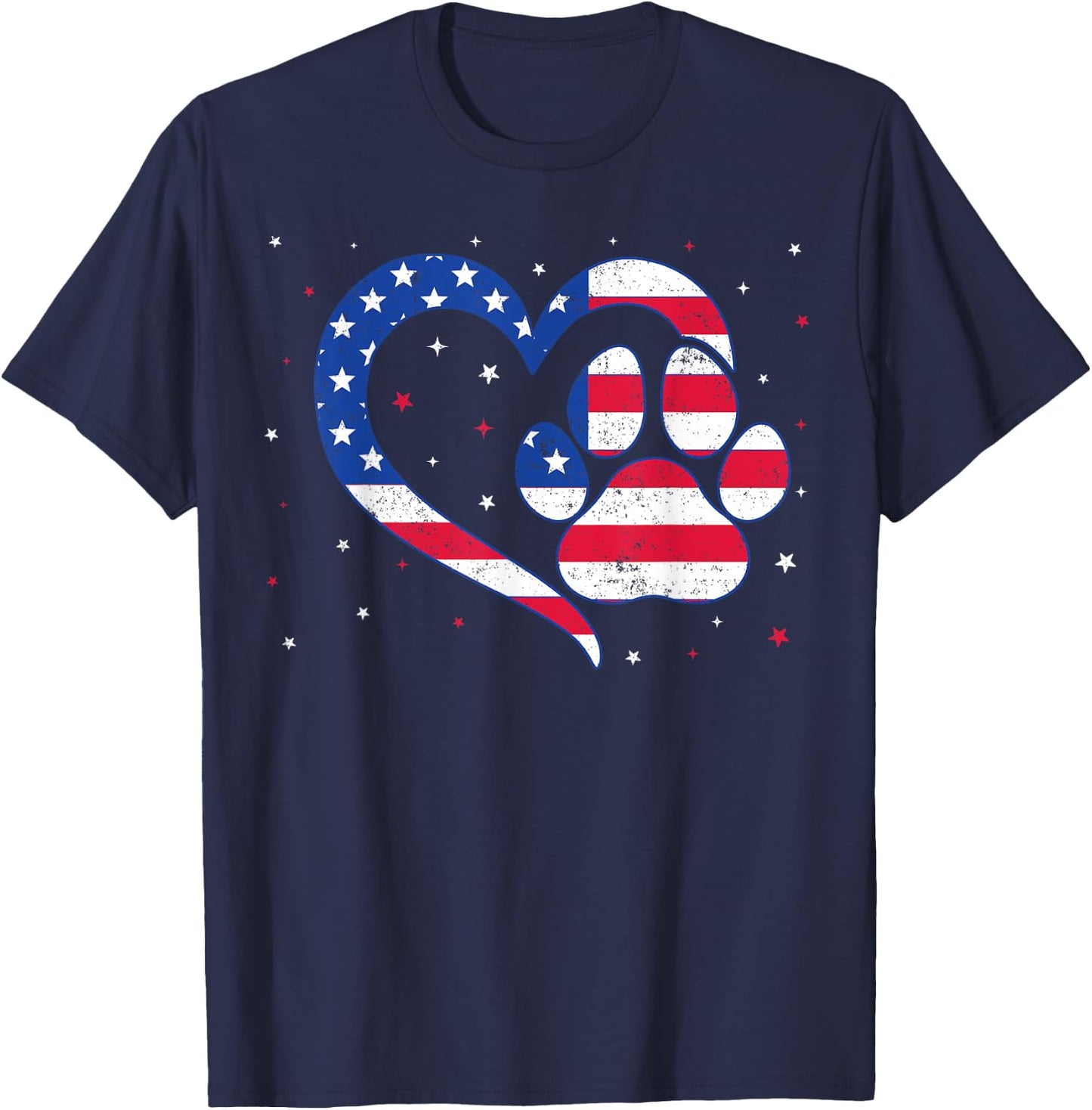 Cat & Dog Paw Heart American Flag Patriotic USA 4th Of July T-Shirt - T-Shirt | Navy