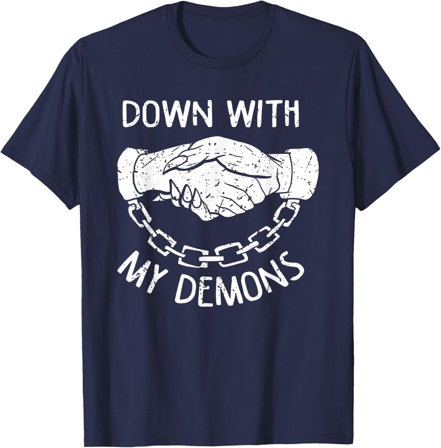 Down With My Demons Deal Handshake Aesthetic Goth T-Shirt - T-Shirt | Navy